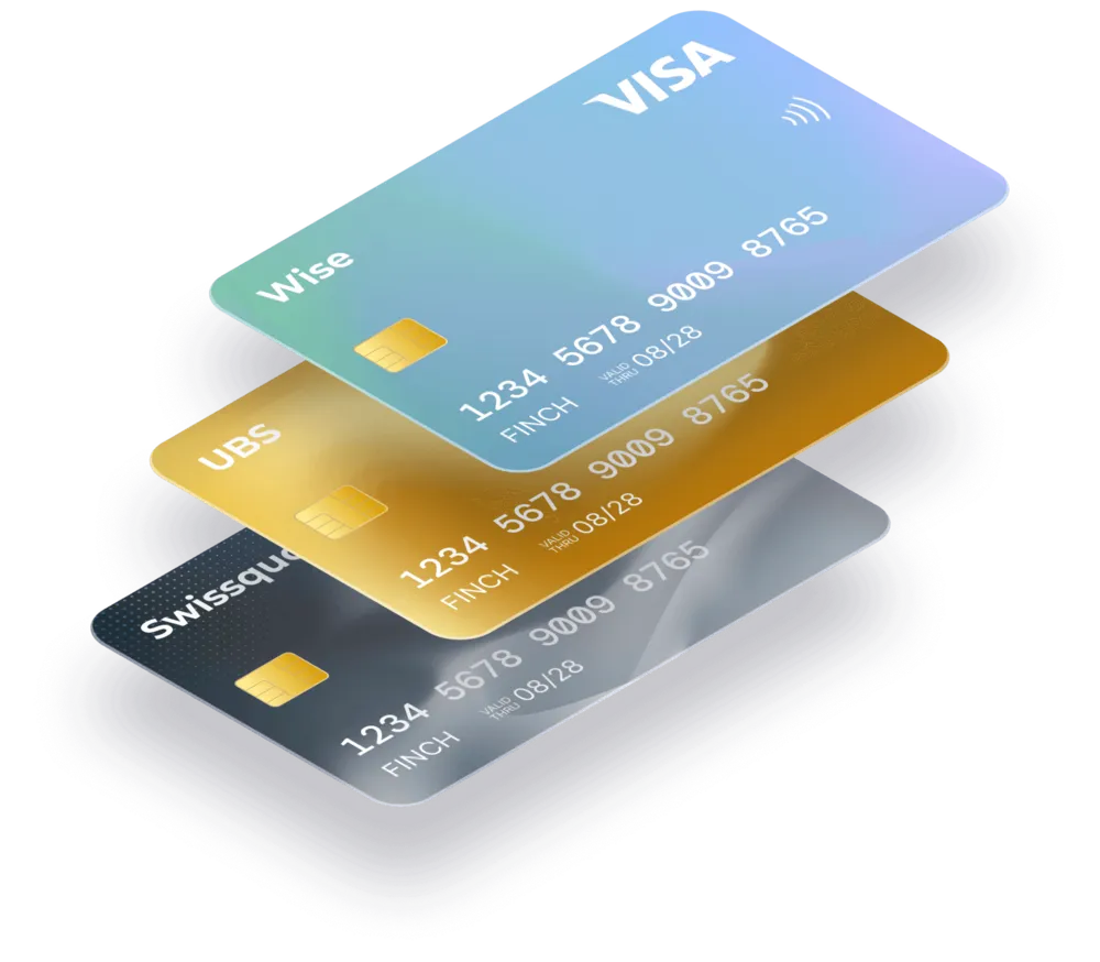 Wise, UBS and Swissquote bank cards stacked, showing Finch's unified multibanking view
